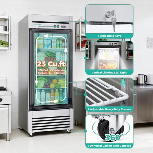COOLCHEF 27" Commercial Glass Door Refrigerator, 23 Cu.Ft Single Door Reach-In Cooler, 33-40℉, Low-E Tempered Double Glass, 4 Shelves, R290 - Image 5