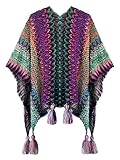 Urban CoCo Women's knit Vintage Ethnic Tassel stripe Poncho Shawl（Purple and Green）