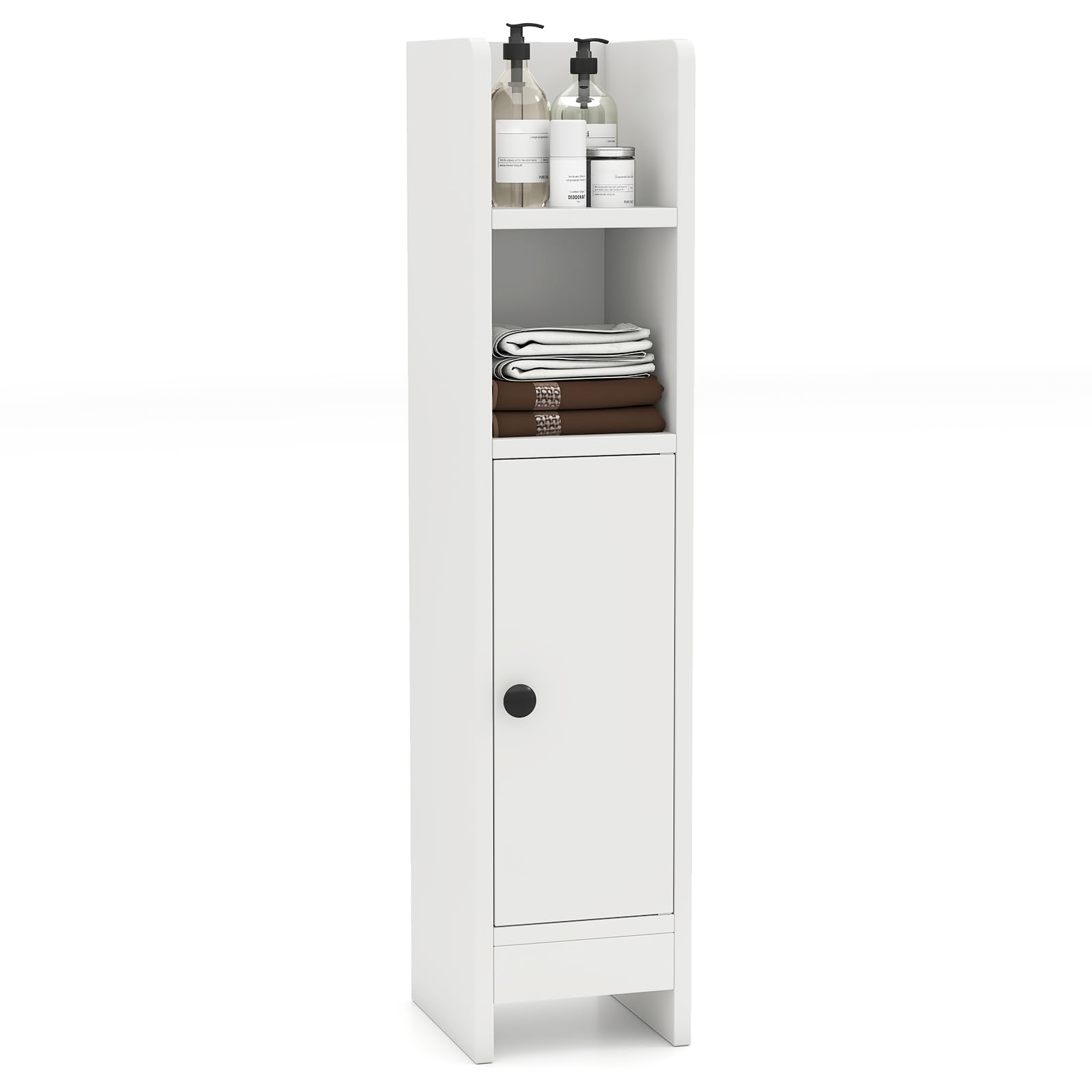 COSTWAY Slim Bathroom Floor Cabinet, Narrow Bathroom Storage Unit with Door and 4/5-Tier Shelves, Freestanding Toilet Paper Holder Cupboard Organiser for Small Space (1 Adjustable Shelf, White)