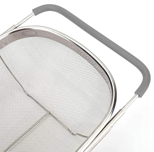 Ajioda Over The Sink Colander, 6 Quarts Stainless Steel Oval Colander With Expandable Rubber Grip Handle, Fine Mesh Strainer Baskets Kitchen Colander For Strain, Drain, Rinse Vegetables, Fruits, Grey #TOP4