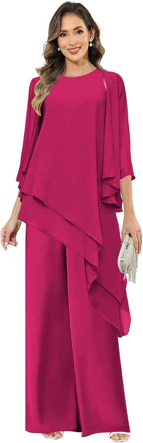 3 Piece Mother of The Bride Pant Suits Chiffon Long Sleeve Asymmetrical Cocktail Pants Set