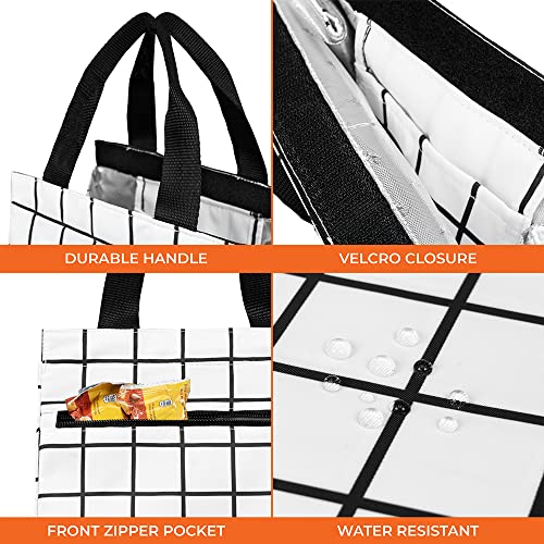 Opux Lunch Bag For Women, Insulated Lunch Box Tote For Work School Men Kids Office, Thermal Soft Small Lunch Cooler Bag For Picnic Travel With Pocket, Fits 12 Cans - Checker Plaid White #TOP3