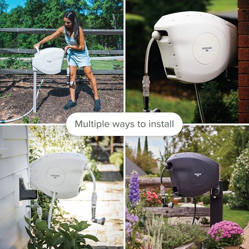 HOSELINK Beige 50ft Hi-Flow Automatic Retractable Garden Hose Reel, 9/16”, 8-Pattern Spray Nozzle, UV-Stabilized Kink-Free Hose, Wall Mounted Complete Watering Solution for Backyard, Garden & Outdoor
