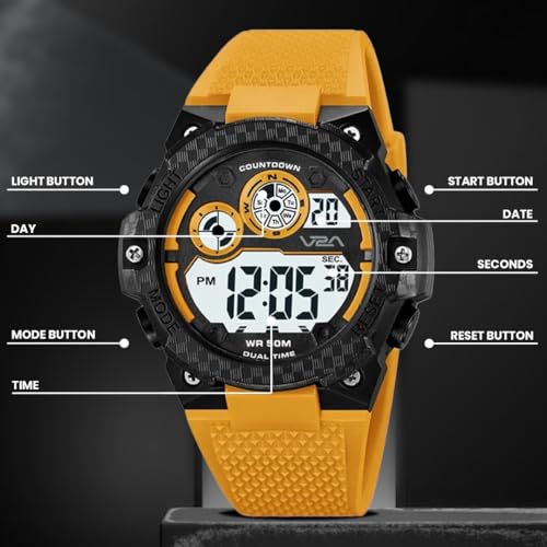Image of V2A DIGITRON-VOLTRIX 2837 Digital Watch for Men | Bold Patterned Case Design | Dual Time Sports Watch with Countdown, Backlight & 50M Waterproof