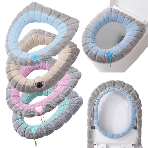 Comioke Housse de Siège de Toilette, Coussin de Toilette, 4 Pièces Housse de siège de WC, Antibactérien, Siège de Toilette en Tissu Chaud Lavables