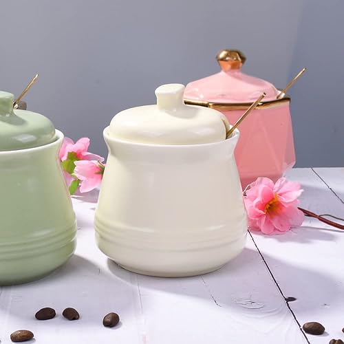 Miniatura 5 de Azucarero con tapa y cuchara, tazón de azúcar de cerámica, contenedor de azúcar multifunción para especias, tarro de sal, condimentos, tarro