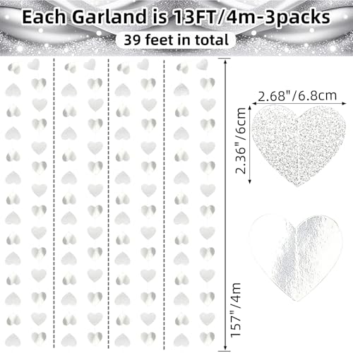 Image of Glitter-Silver White Party-Decoration Heart Garland - 39ft Birthday String Backdrop Streamer Disco Hanging Paper Banner,Graduation Engagement Wedding Bachelorette Bridal Shower Winter Christmas Decor