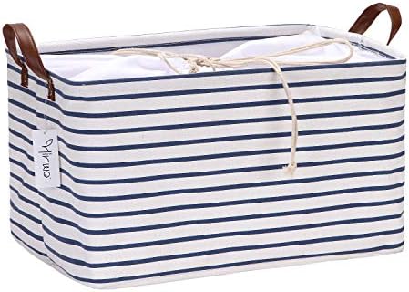 Hinwo 31L Large Storage Bins, Closet Organizers and Storage, Shelf Baskets, Foldable Clothes Storage Baskets with Handles, Containers for Clothing, Blanket, Towels, Toys, Bedding (Navy Stripe)