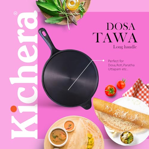 Image of Kichera 10Inch Pre Seasoned Cast Iron Dosa Tawa /Pan with a Long Handle - 1.8kg Weight, Natural Non-Stick Surface | Induction Friendly | Ideal for Dosa, Roti, Chapathi and More