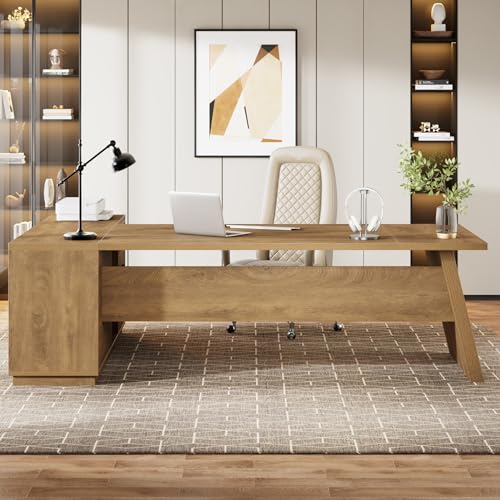Image of Tribesigns 78 inch L-Shaped Executive Desk, Large Modern Office Desk with Drawers and Lateral File Cabinet, Business Furniture with Storage Shelves, Big Computer Table for Home Office (Brown)
