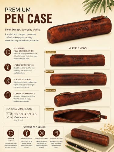 Image of Calfnero Genuine Leather Pen-Case for Men & Women | Premium Leather Pencil-Pouch with Zipper (Kara) | Cylindrical Pen-Holder Organizer for Pen, Pencils & Stationery | Unisex Pen-Sleeve