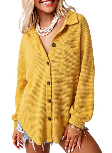 Image of Dokotoo Womens Waffle Knit Shacket Jacket Casual Button Down Shirts Tops | Long Sleeve,Loose Fit,Boyfriend Style,Collared V Neck,Fall Cardiga,Outwear with Pockets