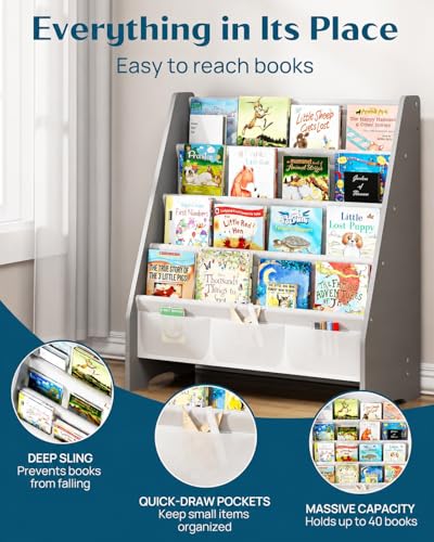 Image of SEIRIONE Sturdy Kids Bookshelf, 4-Tier Book Shelf for Kids Room with Oxford Fabric-Nursery Room Playroom Classroom, Deep Slings to Keep Books Upright, Ideal Height for Toddler Age 3+, Grey
