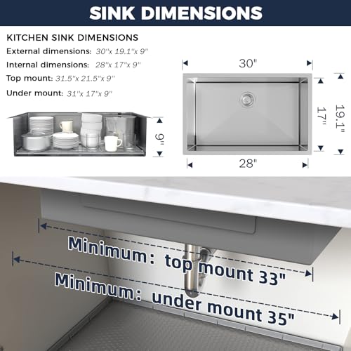 Image of 30 Inch Undermount Kitchen Sink - 30x19x9 Kitchen Sinks with Brushed, 18 Gauge 304 Stainless Steel Includes Drain Strainer, Deep Single Bowl Handmade Basin