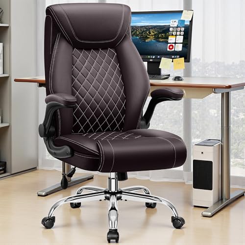 Image of BestGlory Executive Office Chair with Lumbar Support, Big and Tall Ergonomic Computer Desk Chair, Leather Comfy High Back Gaming Chair with Flip Up Arms & Rocking Function for Home Office, Coffee