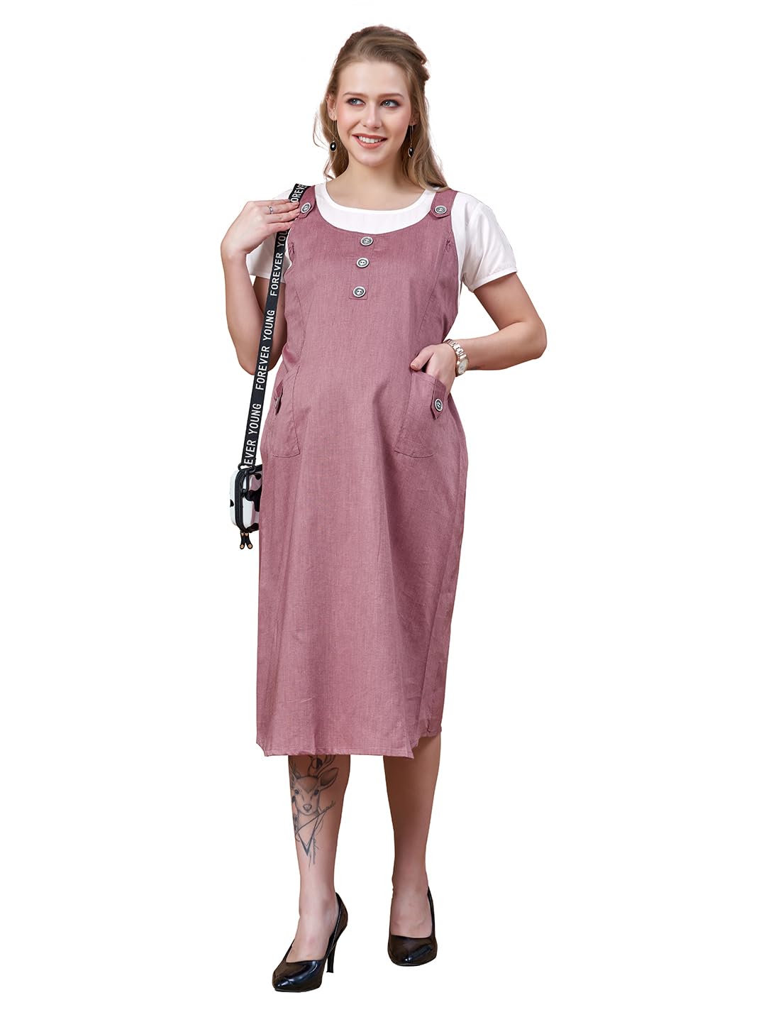 Women's Dungaree Style Maternity Dress | Attached Tee & Cotton Twill | Playful Casual Comfort Dress-image-9