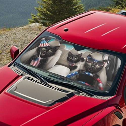 Image of 4th of July Cat Car Front Windshield Sun Shade Foldable Car Windshield Sun Shade UV Rays and Keeps Vehicle Cool Easy to Install for Most Sedan Truck SUV