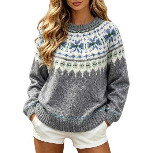 Image of Christmas Jumpers For Women Fair Isle Jumpers For Women Uk Womens Knitted Sweaters Ladies Oversized Sweatshirts Long Sleeve Pullover Tops Cosy Cashmere Jumper Fall Warm Argyle Sweater Fashion Clothing