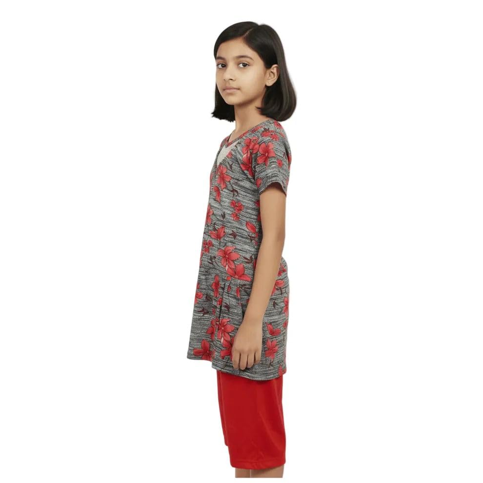 Saadhya Mart Girls Swim Costume | Grey & Red Floral Swimwear with Shorts | Half Sleeve Tunic Style | Quick Dry Stretchable Fabric | Comfortable Fit | Size 36 3