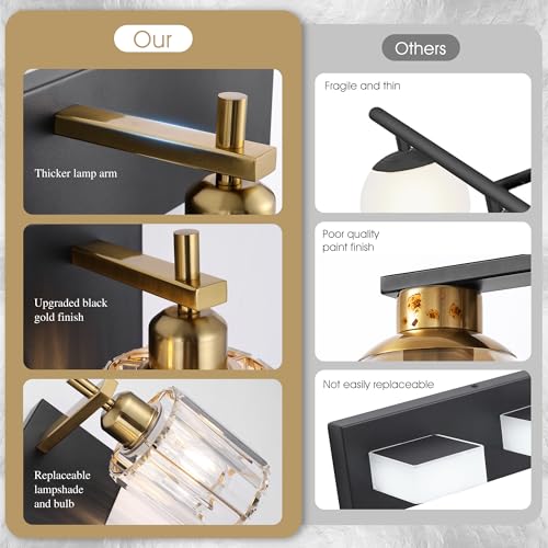 Image of She's home 4 Light Crystal Vanity Lights for Bathroom - Black and Gold Modern Bathroom Vanity Lights Over Mirror 28 Inch, Bathroom Wall Lighting E26 Base