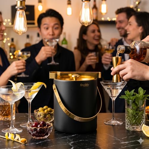 Image of finality Premium Stainless Steel Ice Bucket with Tongs and Jigger - 1 Litre Double Walled Insulated Ice Box for Bar, Home & Parties (Black Gold Mirror IB + Tong + Jigger)