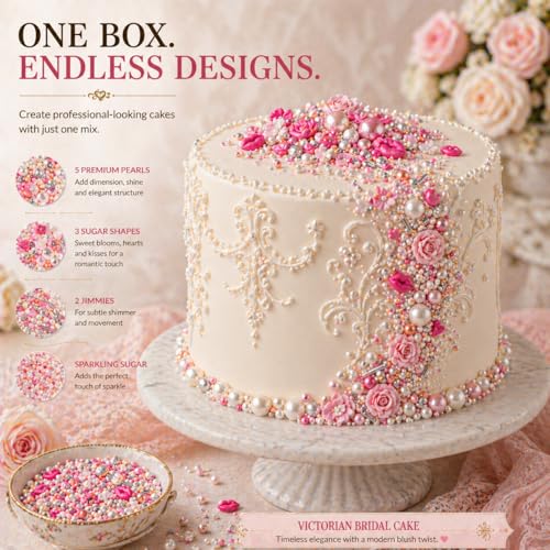 Image of Confect Cake & Cupcake Sprinkles | Love Sprinkles Mix Pink Mini Lips & Roses, Silver Hearts & Vermcelli and White Pearls | Anniversary Sprinkles | Vegan, Gluten-Free, Nut-Free, Soy-Free, Dairy-Free , Handcrafted Sprinkle -Edible sprinkles -140 Gms