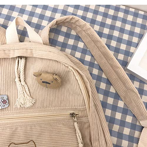 YUESUO Large Kawaii Corduroy Backpack with Cute Bear Pendant Vintage Bag for Girl Student School Bag Bookbag Satchel Laptop (Beige,Medium) - Image 6