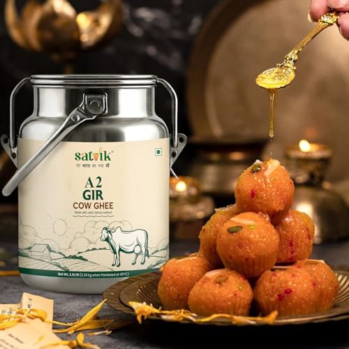 Image of Satvik A2 Gir Cow Ghee 2.5 Litre with (Stainless Steel Dolchi) | Churned from Vedic Bilona Method Pure A2 Cow Desi Ghee | Rich in A2 Beta Casein Protein & Vitamin A, D, E, K | Helps Improve Digestion