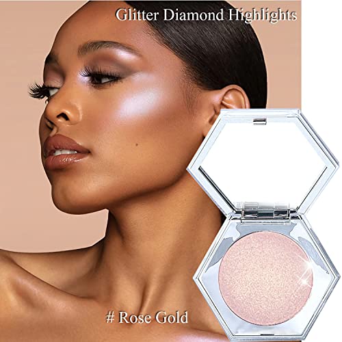 Shimmer Body Highlighter Makeup Glitter Palette Face Highlight Contour Makeup Palette Shimmer Bronzer Palette Highlighter Powder Long Lasting Waterproof Facial Cosmetic Glow Illuminator (Rose Gold) #TOP6