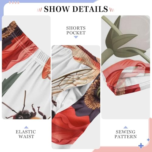 ZZXXB Poppy Flowers Bee Boys Long Pants Soft Trousers Elastic Waist Kids Lounge Bottoms with Pockets S-XL4