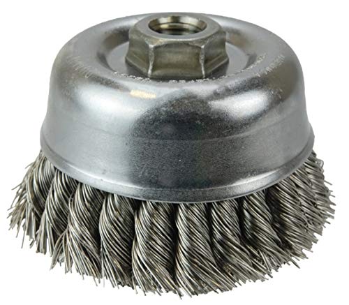 Image of Weiler 12726 4 inch Double Row Knot Wire Cup Brush, 0.020 inch Stainless Steel Fill, 5 /8 inch-11 UNC Nut, Made in the USA