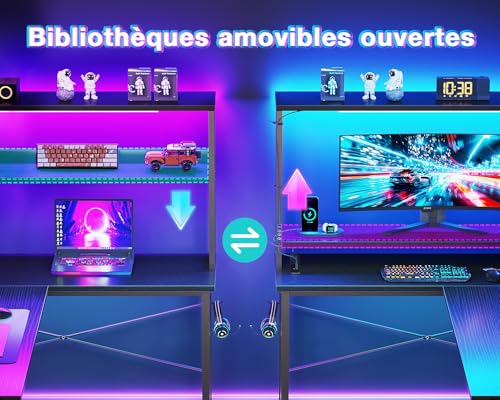 Bureau Gaming Réversible avec Prises et Étagères d'Angle - 6