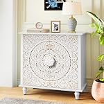 ARTPOWER Accent Cabinet with 2 Doors Decorative Storage Cabinet with Carved Flower Pattern White Sideboard Buffet Cabinet Wood Credenza with Storage for Entryway Living Room Kitchen Dining Room
