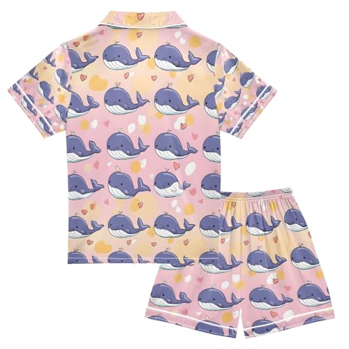 senya Blue Cute Whale Heart Satin Summer Pajama Sets Silk Short Sleeve Button Down Sleepwear2