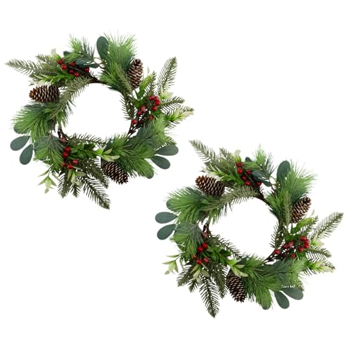 AuldHome Design Christmas Greenery Candle Wreaths (2-Pack, Evergreen); Holiday Winter and Wedding Decor Candle Rings