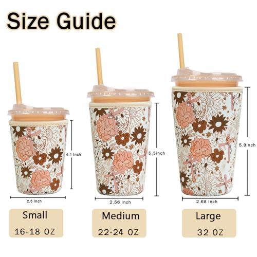 Image of Reusable Insulated Sleeve for Iced Coffee Cup, 3-Pack Coffee Neoprene Drink Sleeve for Cold & Hot Drinks, Beverage Holder for Iced Coffee (Cross Petals)
