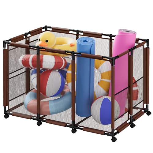 SIMHOMSTOR Extra Large Pool Storage Bin, Metal Rolling Float Swimming Equipment Holder Organizer Cart with Mesh, Brown XL by SIMHOMSTOR - Used condition - US$28.36