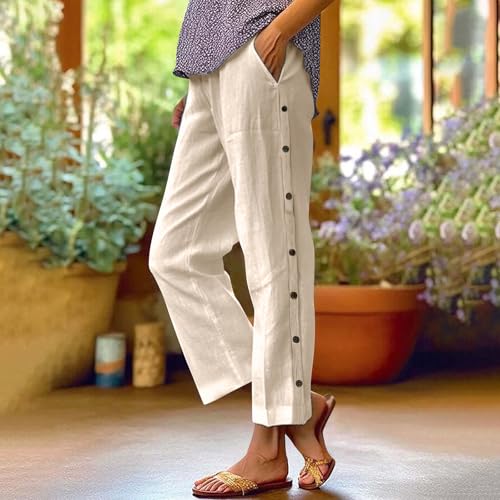 Linen Pants for Women 2025 Trendy High Waisted Wide Leg Trousers Striped Side Button Elastic Waist Summer Gauze Pants2