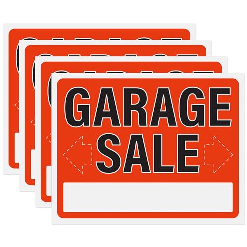 Garage Sale Sign 14x11, Plastic Signs for Garage Sale, Yard Sale, Estate Sale, Waterproof Plastic (Pack of 4)