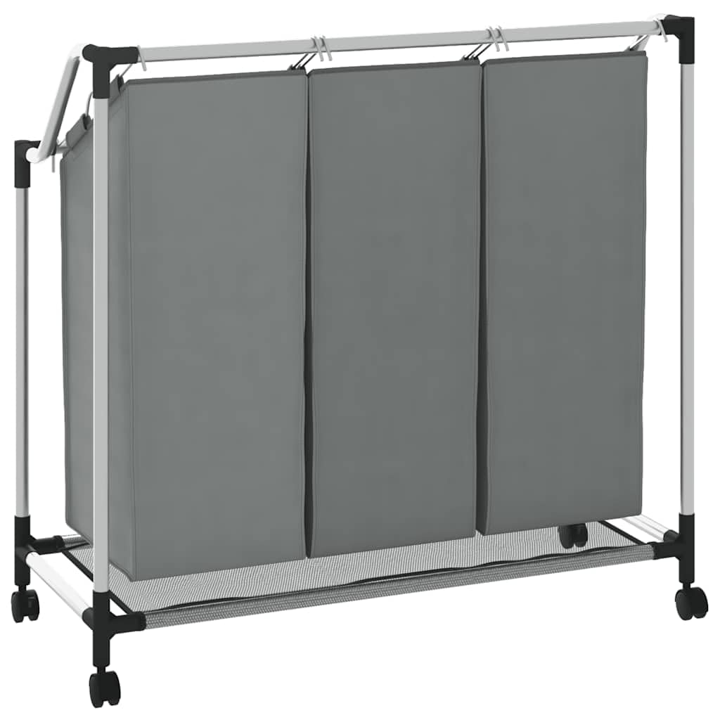 Cesto portabiancheria con ruote, 3 scomparti, grigio | Struttura in acciaio con rivestimento in plastica, 4 ruote girevoli con 2 freni, sacchetti portabiancheria rimovibili