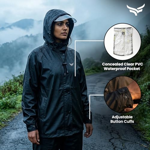 Image of XTRIM Raincoat, Waterproof Jacket with Hood, Zipper, Snap Button, Black | Pants with Elastic Waist, Pocket, Reflective Trim for Biking & Travelling