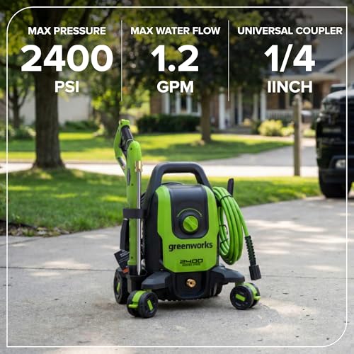 Image of Greenworks 2400 PSI (1.2 GPM Max) Electric Pressure Washer (0, 15, 25, Soap, and Turbo Nozzle) for Use On Cars, Decks, Fences, Concrete Patios, Sidewalks & More. Medium-Duty
