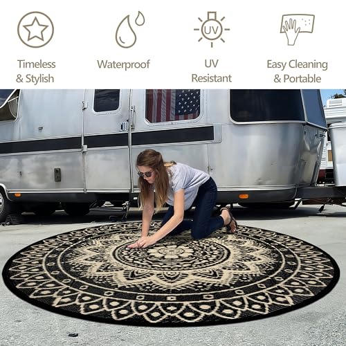 Tapis d'extérieur rond 150cm réversible noir et marron pour terrasse