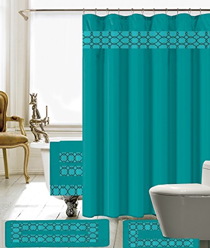 BH Home & Linen 18 Piece Premium Quality Embroidery Shower Set 1 Large Bat Mat 1 Contour Mat 12 Pc Metal Roller Ball Shower Hooks 3 Pc Embroidered Towel Set (Turquoise)