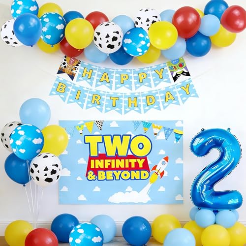 Tyotrbs Two Infinity and Beyond Birthday Decorations Cartoon Story 2nd Birthday Party Supplies Include Balloon Banner Backdrop for Toy Themed Party Decor (Blue)