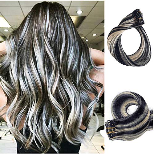 Labetti Highlight Blonde Clip in Human Hair Extensions 70 gram 7pcs 16 Clips Silky Straight Remy Human Hair Extension for Girl Lady Women (22 inch, 1/613 Dark Black to Bleach Blonde)