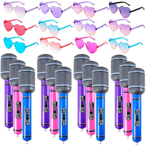 LaRandom 12 Set K-pop Party Favors Includes Inflatable Microphones and Heart Sunglasses K-pop Music Theme Party Favors 80s 90s Cosplay Stage Decoration Supplies(Rose Red, Lake Blue, Purple)