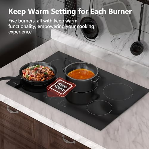 30 Inch Electric Cooktop 5 Burners,3000 Watt Dual-Ring Burner for Quick Boil,Shatterproof Glass, Keep Warm Setting, 9 Heating Level,9000W, Drop-in Electric Stove Top,Gloss Black