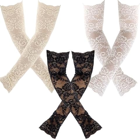 NODG 3 Pairs Women Long Lace Glove Sunblock Fingerless Bridal Arm Sleeves Stretchy Elbow Length Floral Gloves Bridal Gloves for Wedding Dance Tea Party Cosplay Party Costume Accessories Cover