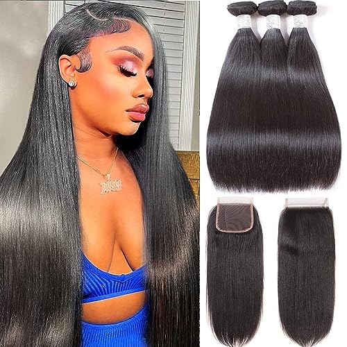 Flady Straight Human Hair 3 Bundles with Closure Grade 8A Virgin Unprocessed Malaysian Straight Hair Bundles with Lace Closure (14 16 18+12inch)